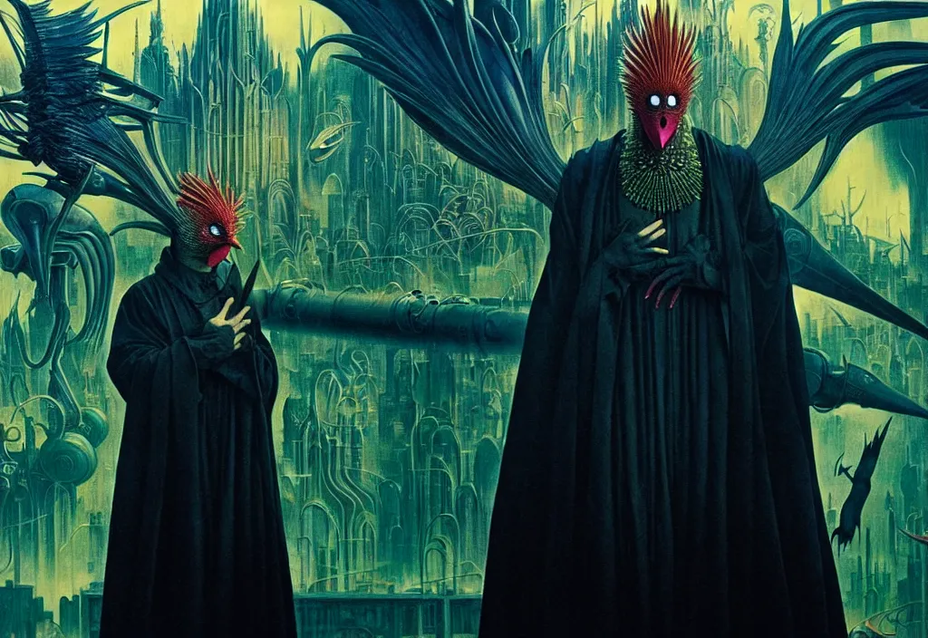 Image similar to realistic detailed portrait movie still of a birdman wearing dark robes, sci fi city landscape background by denis villeneuve, amano, yves tanguy, alphonse mucha, ernst haeckel, max ernst, ridley scott, roger dean, masterpiece, rich moody colours, cinematic, snarling dog teeth