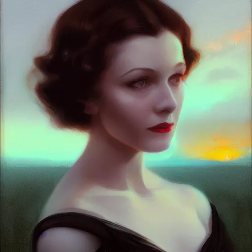 Image similar to a closeup portrait of a young vivian leigh, 1 9 2 0 s, femme fatale, gorgeous view, sunset, film noir, serene, high detail, depth, masterpiece by greg rutkowski, digital art, trending on artstation