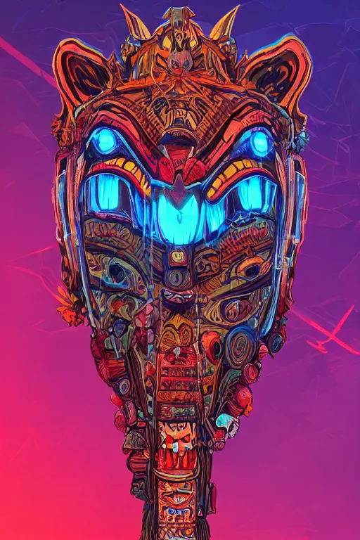 Image similar to totem animal tribal chaman vodoo mask feather gemstone plant wood rock video game illustration vivid color borderlands by josan gonzales and dan mumford radiating a glowing aura global illumination ray tracing