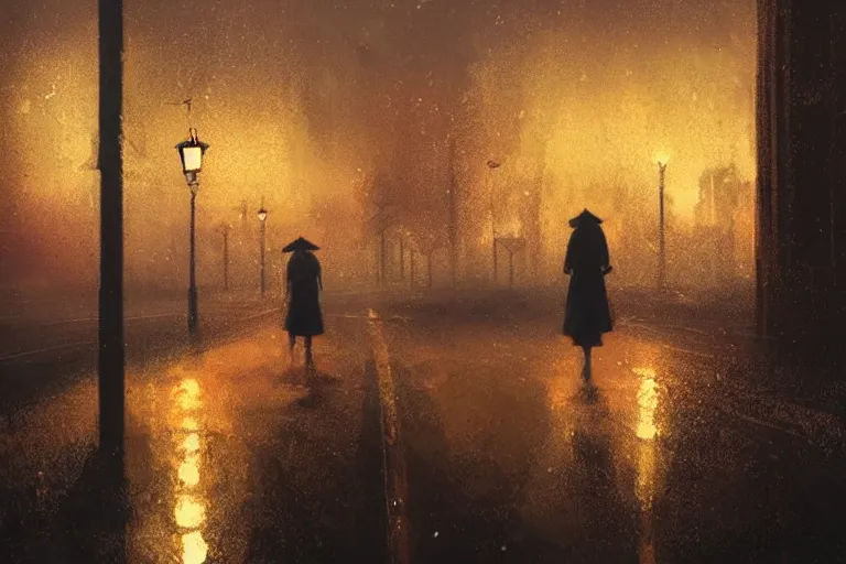 Prompt: lonely road of moscow at night with a single lamp post, 4 k, walking woman with umbrella, artstation, detailed, by greg rutkowski,