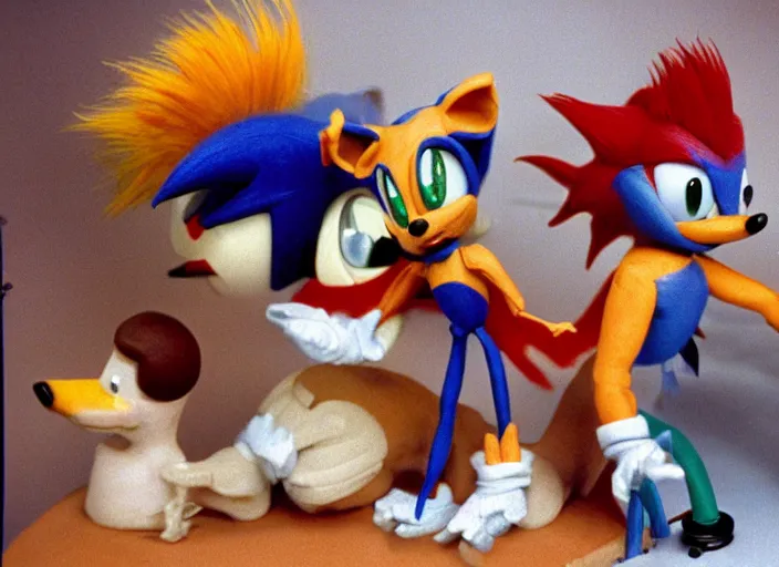 Prompt: still from a 1 9 9 2 live - action stop - motion puppetry tv show by tim burton starring sonic the hedgehog and tails and dr. robotnik and robotic animals in dioramas. everything is made of plasticine, fabric, and other physical materials. photographic ; realistic ; highly - detailed.