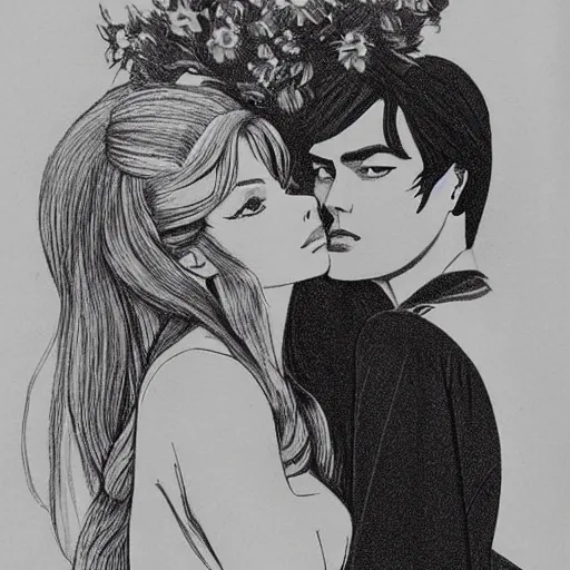 Prompt: 1 9 6 0 s drawingsymmetrical pretty elegant brigitte bardot as a vampire kissing alain delon, very detailed intricate intaglio, style of takato yamamoto, lots of flowers