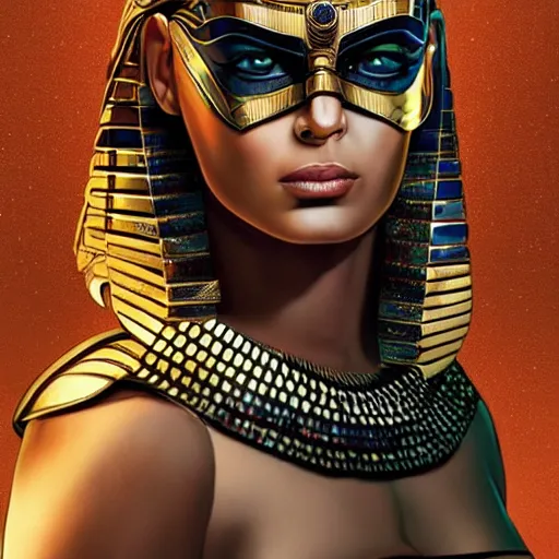 Image similar to half body portrait of the muscular Egyptian Android Pharaoh Queen, by DC comics and Sandra Chevrier and beeple, artstation, volumetric lighting and fog, hyperrealism, hyper detailed futuristic royalty, award winning costume design, cybernetic bionic ancient cyborg, fashion show runway, futuristic fine textures, woven with electricity, high fashion superpowers, floating dust particles, bokeh, mystic haze, 4k UHD, HDR