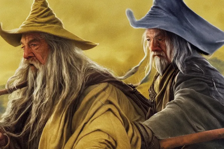 Prompt: Gandalf with a yellow hat riding a horse