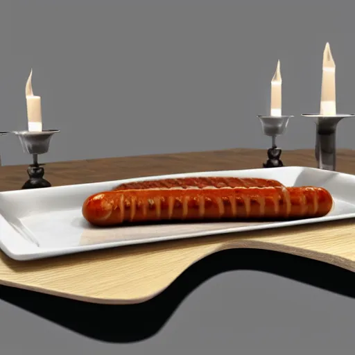 Image similar to cursed realistic 3 d unreal engine render of a half fish half sausage alone on a plate, fish fins on a sausage