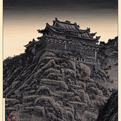 Image similar to ancient chinese fortress in the mountains of xi\'an, desert environment, mountainous gobi desert historic woodcut-styled artwork from ancient china hyperdetailed, artstation trending, world renowned artists, worth1000.com, historic artworks society, antique renewel, cgsociety, by greg rutkowski, by Gustave Dore, Deviantart