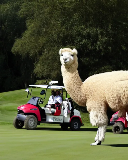 Image similar to wide shot of donald trump at one of his golf courses, with an alpaca caddy. photorealistic