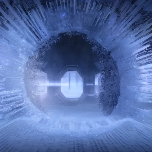 Image similar to interdimensional galaxy portal covered in frost, ice gate, volumetric light, volumetric fog, unreal engine, photorealistic, 8 k,