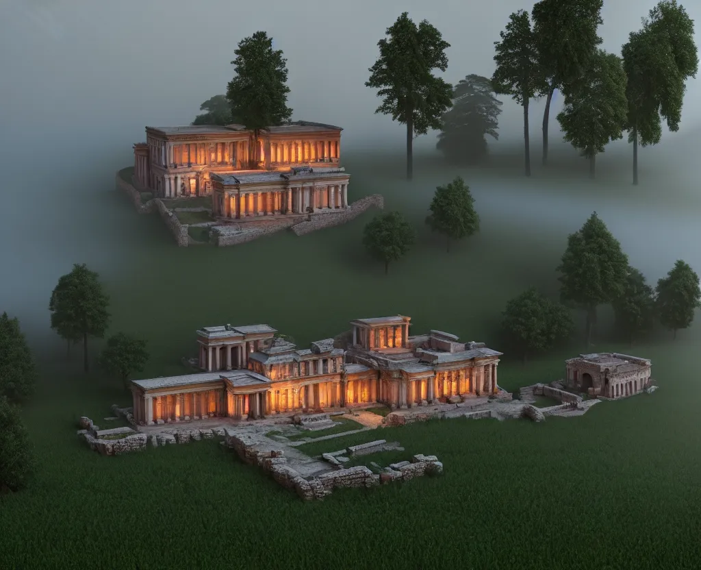 Prompt: a beautiful roman villa on a foggy forest mountain, 3 d rendered, digital art, artstation, 4 k, unreal engine 5