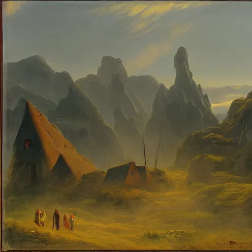 Image similar to village above the clouds, sharp pointy mountains, wooden platforms, tents, colors, misty clouds, sun at dawn, brutalism, painting by caspar david friedrich