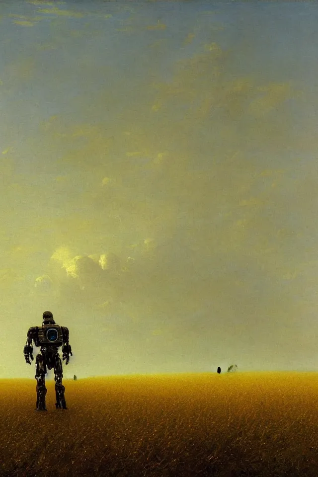 Image similar to painting of the back view of one terminator robot, standing far away in the yellow wheat fields, looking at some gargantuan tall buildings by Ivan Aivazovsky