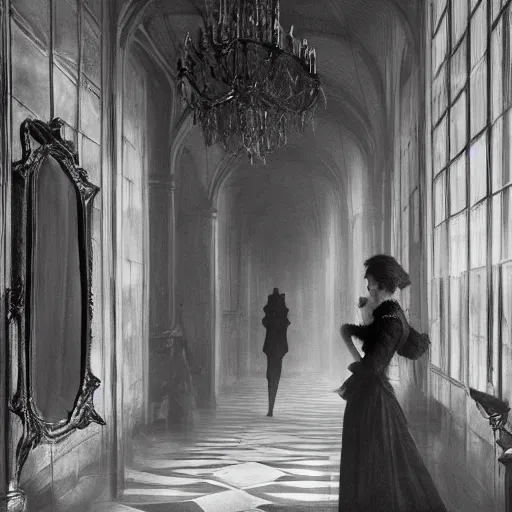 Image similar to a beautiful victorian woman is frightened by her doppleganger in a mirror. she is in a long hallway of mirrors. victorian interior, with many mirrors, elegant design, haunting atmosphere, dark lighting, gothic, horror style, swirling fog, volumetric lighting, by greg rutkowski, realistic, low angle, 3 / 4 view.