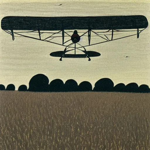 Image similar to a biplane flying low over a wheat field, by eric ravilious