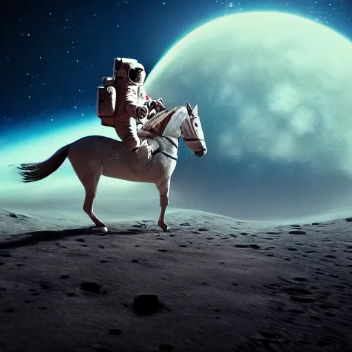 Prompt: professional photo of astronaut riding a horse on the moon, hyperrealistic masterpiece, trending on artstation, cgsociety, kodakchrome, golden ratio, cinematic, composition, beautiful lighting, hyper detailed, octane render, 4 k, unreal engine, low angle shot