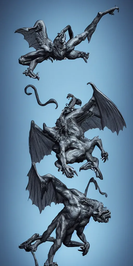 Image similar to highly detailed beautiful photography of flying gargoyle, sharp focus, dynamic lighting, elegant, harmony, beauty, masterpiece, by roberto ferry, illustration, blue background