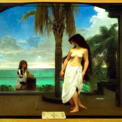 Image similar to Silhouette of two girls at the palace, thunderstorm, greek pool, beach and palm trees on the background major arcana sky, by paul delaroche, alphonse mucha and arnold böcklin arnold böcklin hyperrealistic 8k, very detailed