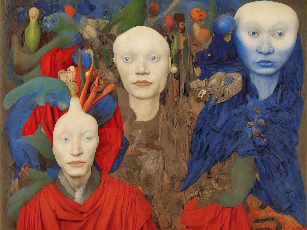 Image similar to portrait of albino mystic with blue eyes, with beautiful exotic, archaic, prehistoric, simple, giant Oceanian mask, sculpture. Night. Painting by Jan van Eyck, Audubon, Rene Magritte, Agnes Pelton, Max Ernst, Walton Ford