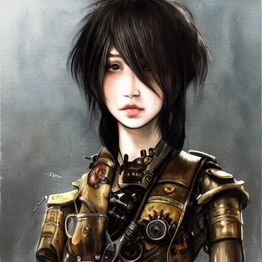 Image similar to portrait of a girl by ayami kojima, mixture between japanese and russian, she is about 2 0 years old, messy black bob hair, very tall and slender, she is wearing a steampunk tactical gear, highly detailed portrait, digital painting, artstation, concept art, smooth, sharp foccus ilustration, artstation hq