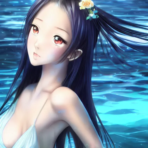 Prompt: advanced digital art, a very beautiful realistic anime girl wearing a dress made of water standing in a crystal lake , full body, very long black hair, azure blue watery eyes, full round face, seductive stare, cinematic lighting, medium shot, mid-shot, highly detailed, trending on artstation, Unreal Engine 4k, Stanley Artgerm Lau, WLOP, Rossdraws, James Jean, Andrei Riabovitchev, Marc Simonetti, and Sakimichan