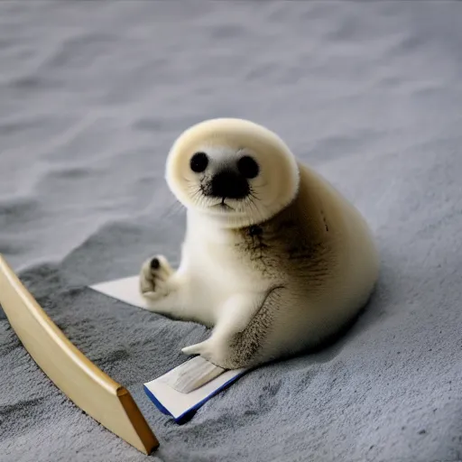 Prompt: a baby harp seal reading nuclear weapon plans in a well - appointed office, photo, gentle bokeh
