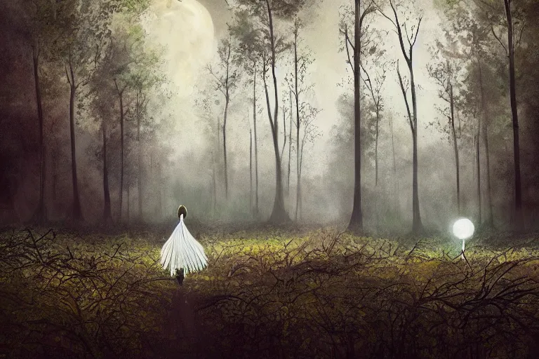 Prompt: giant white daisy flower head, girl walking in dark forest, surreal photography, dark night, stars, moon light, impressionist painting, clouds, digital painting, artstation, simon stalenhag