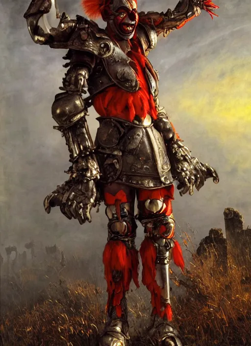 Prompt: portrait of a diabolical cyborg clown warrior, torn cape, adaptive armor, dynamic pose, heavy eyes to the side, ancient ruins, glowing veins subsurface scattering, in clouds, sunset, portrait, by gerald brom, by mikhail vrubel, by peter elson, muted colors, extreme detail, reflections, trending on artstation, 8 k