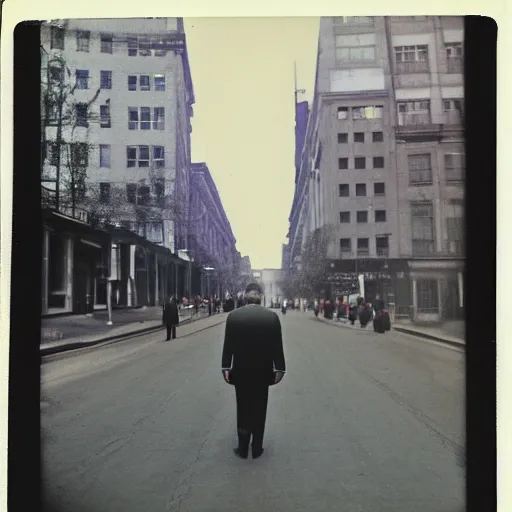 Prompt: wide-shot low angle of invisible people in formal suits walking down the Night Vale street, polaroid photo, by Andy Warhol