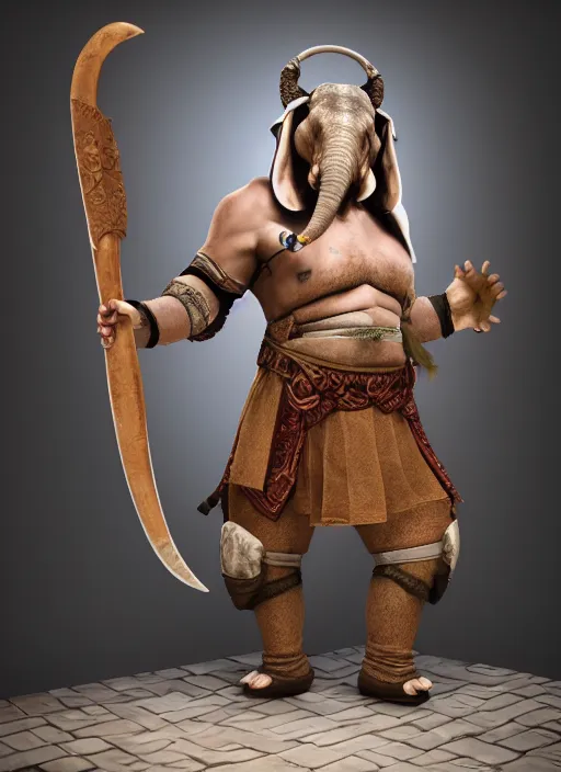 Prompt: An epic fantasy style portrait painting of an anthropomorphic elephant barbarian wearing an apron, DAZ, octane render, cosplay, RPG portrait, dynamic lighting