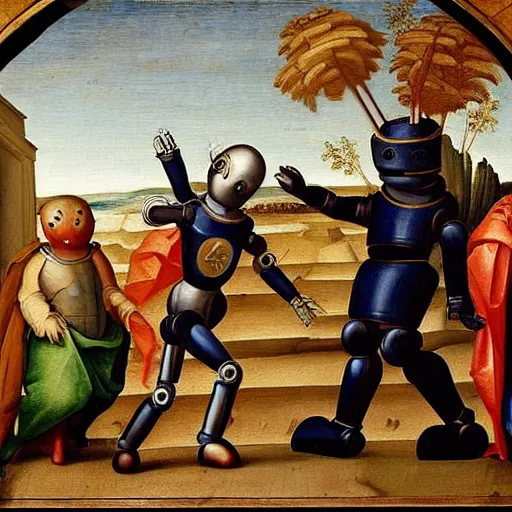 Prompt: a robot walking , Renaissance painting style