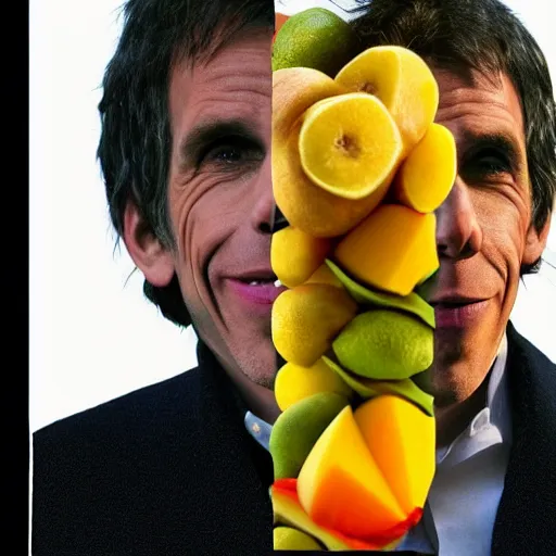 Prompt: ben stiller, with a mango fruit instead of his body, fused together, ben is wearing a mango costume, full shot photo, photoshopped, giuseppe arcimboldo