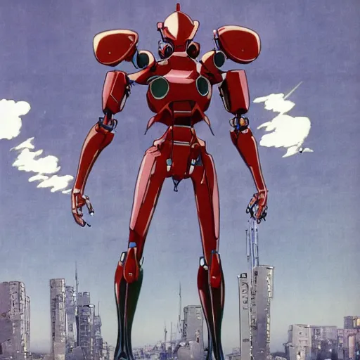 Prompt: 1 9 7 0 s anime screenshot of a sleek, slender, human - scale mecha suit defending the city streets, designed by hideaki anno, drawn by tsutomu nihei, and painted by zdzislaw beksinski