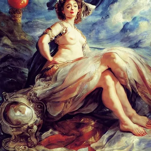 Image similar to heavenly summer sharp land sphere scallop well dressed lady watching netflix on a tv, auslese, by peter paul rubens and eugene delacroix and karol bak, hyperrealism, digital illustration, fauvist, watching netflix on a tv