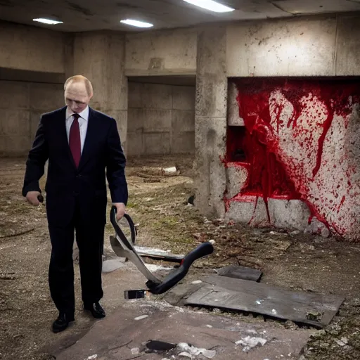 Image similar to putin with a chainsaw and a corpse. in a concrete bunker. focus on putins face with blood splatters. canon eos r 3, f / 1. 4, iso 1 6 0 0, 1 / 8 0 s, 8 k, raw, grainy