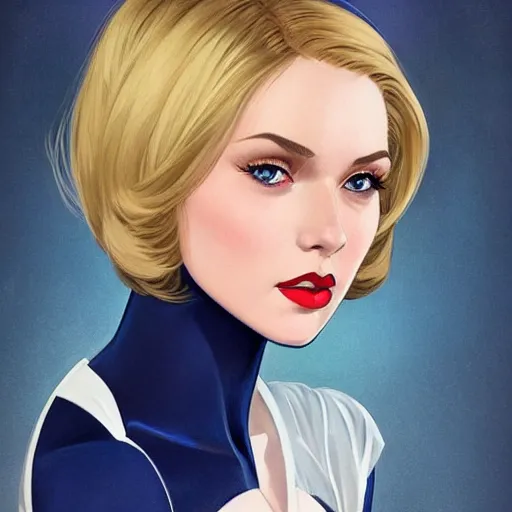 Image similar to a beautiful pin - up portrait of a beautiful cute superhero woman, blonde hair, bob haircut, matte navy - blue bodysuit, white cape, intricate, elegant, 8 k, highly detailed, digital painting, concept art, smooth, sharp focus, illustration, disney, artgerm and loish and wlop and alphonse mucha