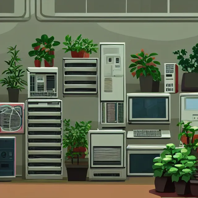 Prompt: an interior room with old pc computers stacked on the walls with potted plants, makoto shinkai