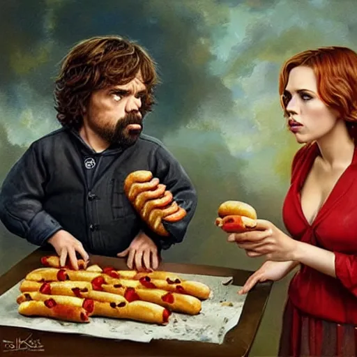 Image similar to portrait of peter dinklage sharing hotdogs with scarlett johansson, an oil painting by ross tran and thomas kincade w 7 6 8