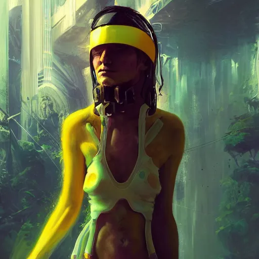 Prompt: a sage meditates under a waterfall pieces with glowing yelow visor as a realistic scifi cyberpunk, torso, art by james jean and greg rutkowski!!, real body proportions, digital art,, golden ratio, perfect composition, trending on artstation, 8 k