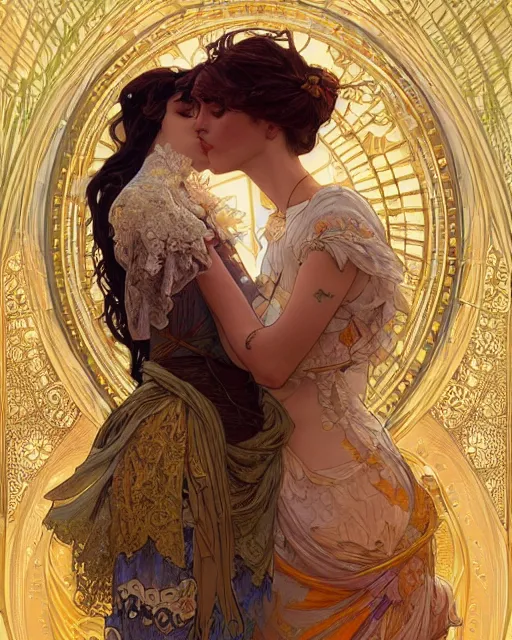 Image similar to the kiss | highly detailed | high coherence!! | very intricate | art nouveau | gold filigree | romantic storybook fantasy | soft cinematic lighting | award - winning | painted by mandy jurgens and alphonse mucha and alena aenami | pastel color palette | featured on artstation