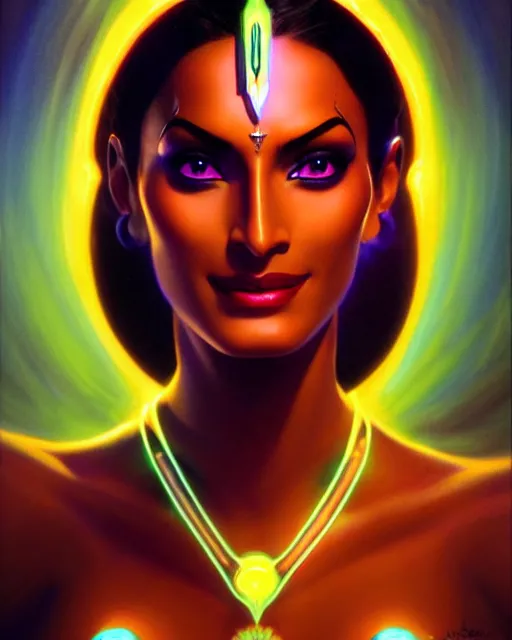 Prompt: symmetra from overwatch, elegant, confident, smug, strong, colorful, fantasy, fantasy art, character portrait, portrait, close up, highly detailed, intricate detail, amazing detail, sharp focus, vintage fantasy art, vintage sci - fi art, radiant light, caustics, by boris vallejo