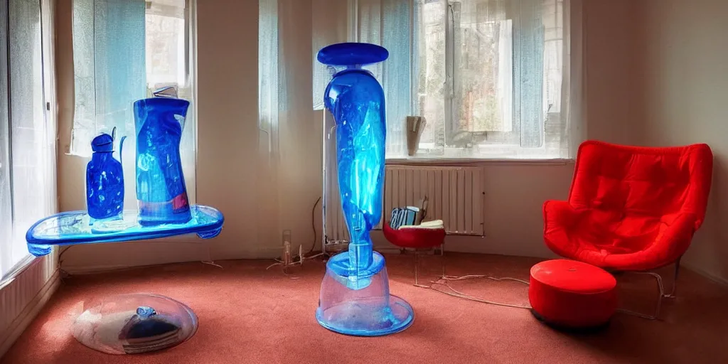 Image similar to a nostalgic room from the 90s with a transparent inflatable chair and lava lamp