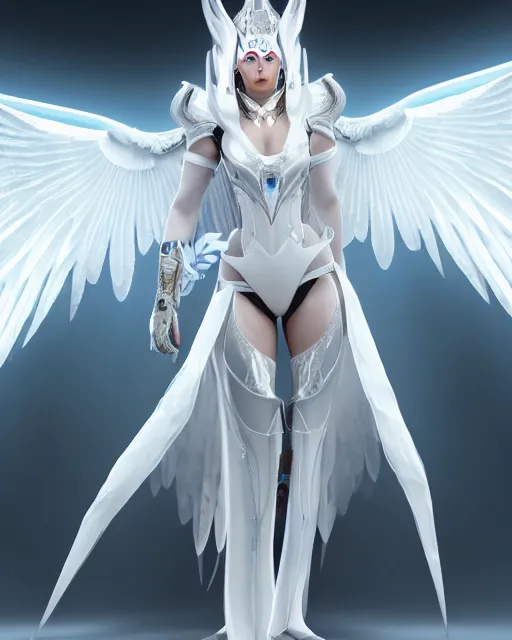 Image similar to regal white haired attractive egyptian goddess with huge white dove wings, warframe armor, beautiful, symmetric, dreamy, half asian, pretty face, blue eyes, detailed, scifi platform, laboratory, experiment, 4 k, ultra realistic, epic lighting, android body, illuminated, cinematic, masterpiece, art by akihito tsukushi, voidstar