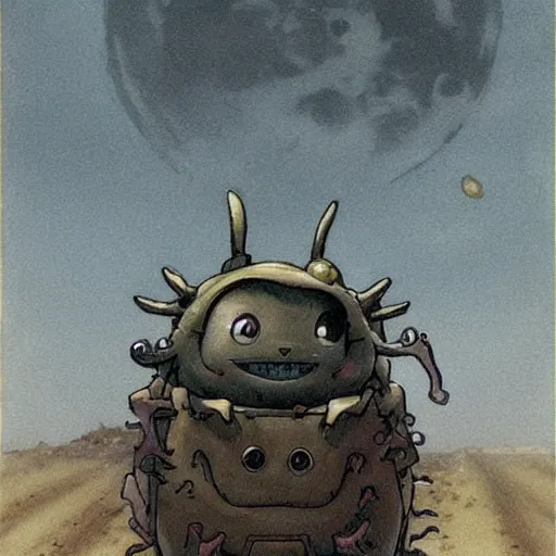 Image similar to ( ( ( ( ( grey lovecraftian mechanized pikachu demon from howl's moving castle ( 2 0 0 4 ), with a big head, on a desert road, wide shot, in front of a big moon. muted colors. ) ) ) ) ) by jean - baptiste monge!!!