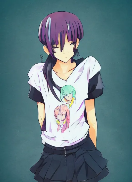 Prompt: portrait of a beautiful anime girl, powerful leader, casual t - shirt, lofi colors, anime drawing, anime, lofi art, lofi vibes,