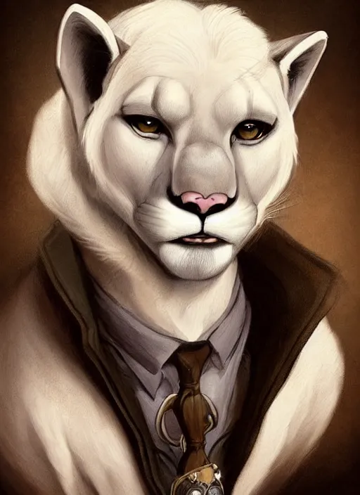 Prompt: beautiful portrait commission of a male furry anthro albino mountain lion in an old-timey Saloon. Atmospheric. Character design by charlie bowater, ross tran, artgerm, and makoto shinkai, detailed, inked, western comic book art