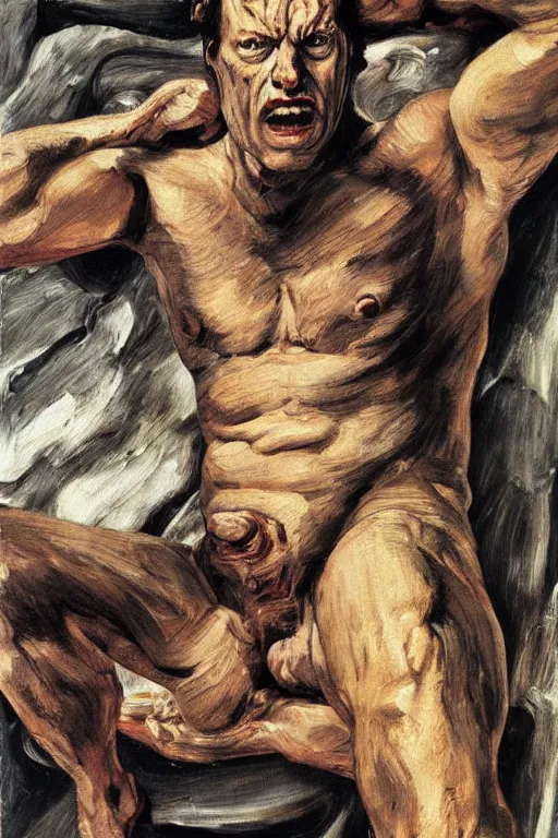 Prompt: Beast ,fully clothed, from the X-Men oil painting by Lucian Freud