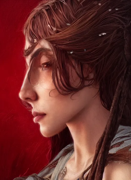 Image similar to vertical portrait of a ruggedly handsome female cleric, soft hair, close - up face, leather, witchy, d & d, fantasy, intricate, elegant, highly detailed, digital painting, artstation, concept art, smooth, sharp focus, illustration, art by artgerm and greg rutkowski and alphonse mucha, plain red background