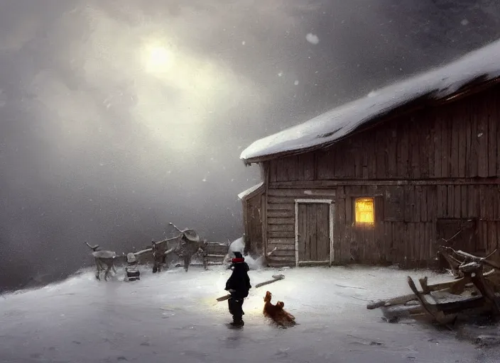 Image similar to oil painting, snow blizzard, nordic gnome, dwarf, small with gray clothes, pointy top hat, barn environment, hay and wooden tools, high detailed art by anders zorn, wonderful masterpiece by greg rutkowski, beautiful cinematic light, american romanticism by greg manchess, creation by tyler edlin