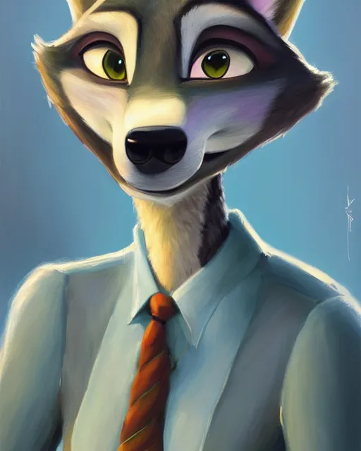 Image similar to beautiful oil painting of anthromorphic female wolf, in style of zootopia, zootopia, zootopia, fursona, furry, furaffinity, 4 k, deviantart, furry art, fursona art, wearing black business suit, business suit, in style of zootopia, wolf fursona, cyberpunk, female, expressive detailed feminine face,