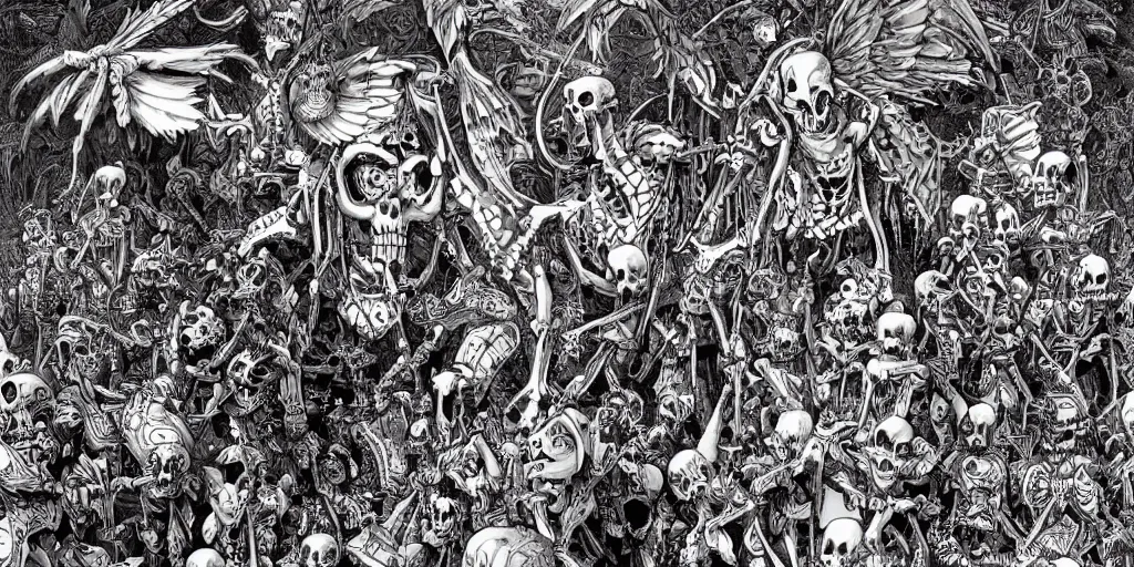 Prompt: ”skeleton army marching and dancing left to right carrying caged angels, [sideview wide angle, intricate and ornate, art by Joe Fenton]”