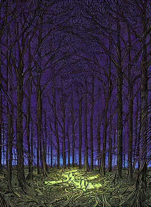 Image similar to a forest at night by Dan Mumford